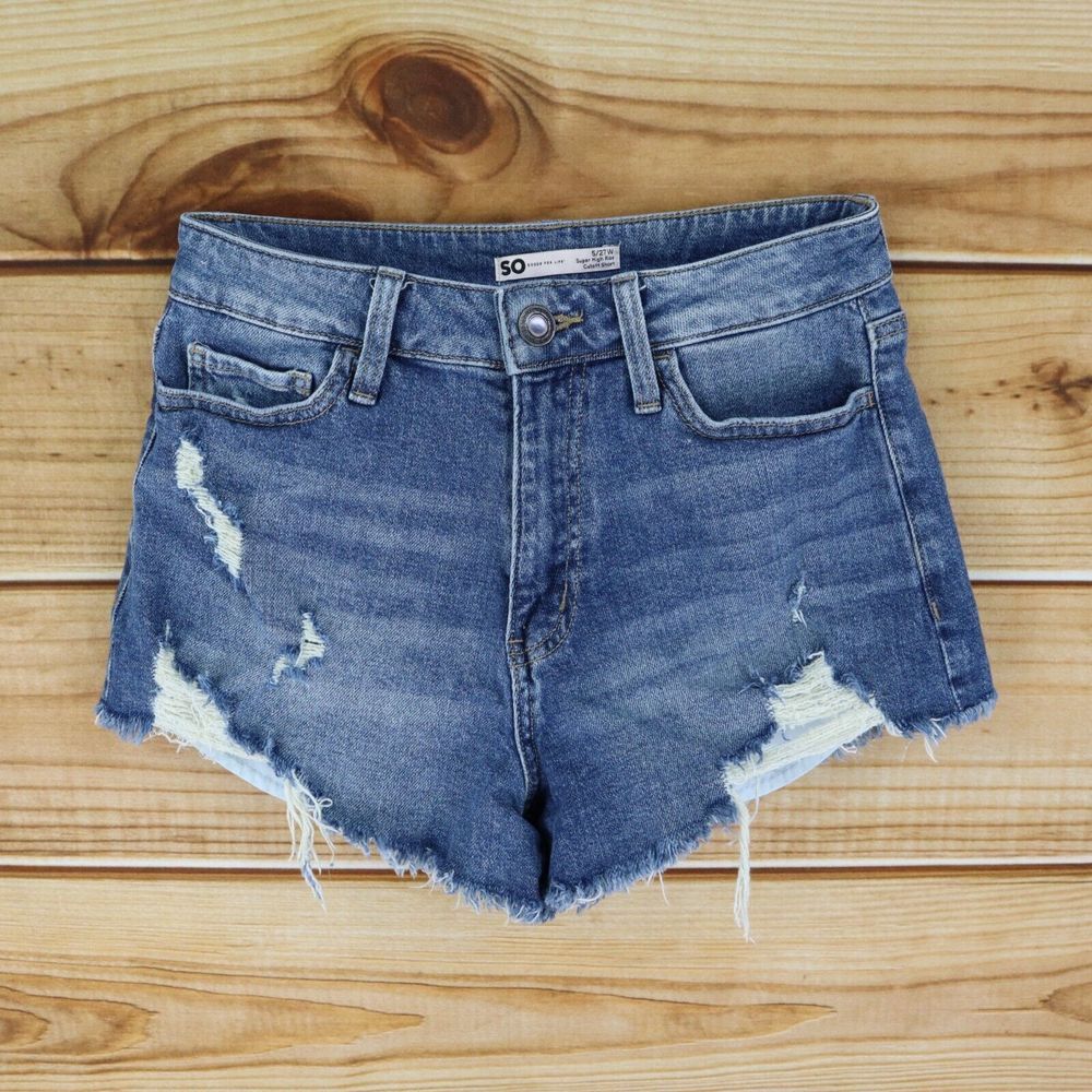 SO Goods For Life Jean Shorts Super High Rise Cut-Off Distressed Juniors 5 Blue